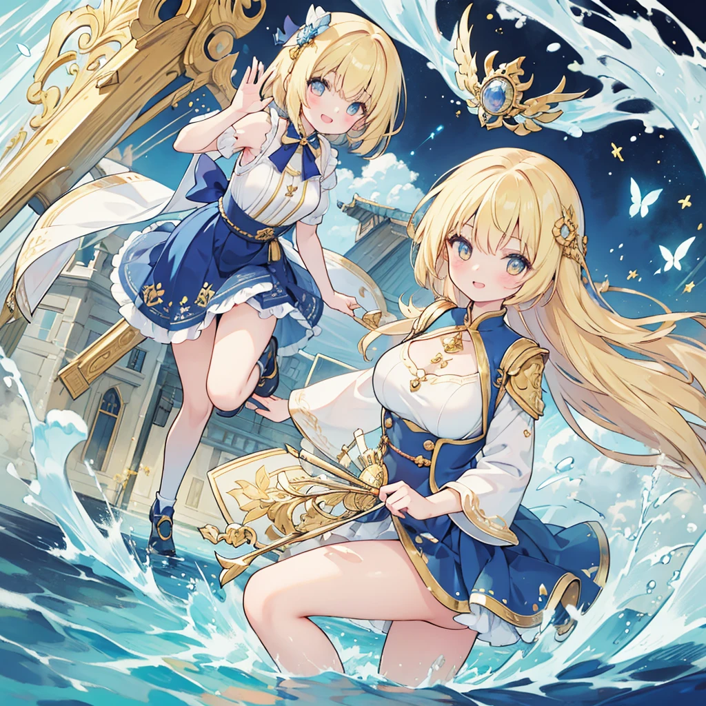 ((best quality)), ((masterpiece)), (detailed), An optimistic girl，Wear a blue skirt with gold trim，有着金色的头发和Golden Eyes，Golden Eyes，blonde，Smile，Stay in a bright, medieval-style house