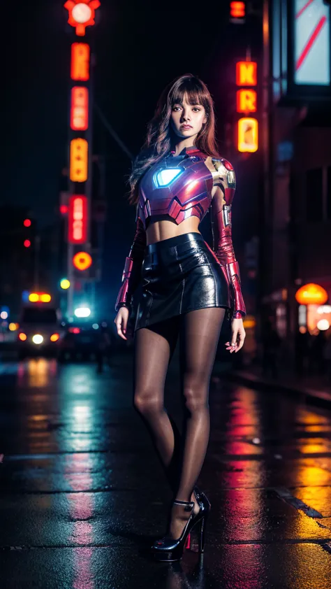 beautiful iron man，full body portrait，wear a short skirt，black pantyhose，wearing high heels，cyberpunk，night，hyperrealism，neon st...