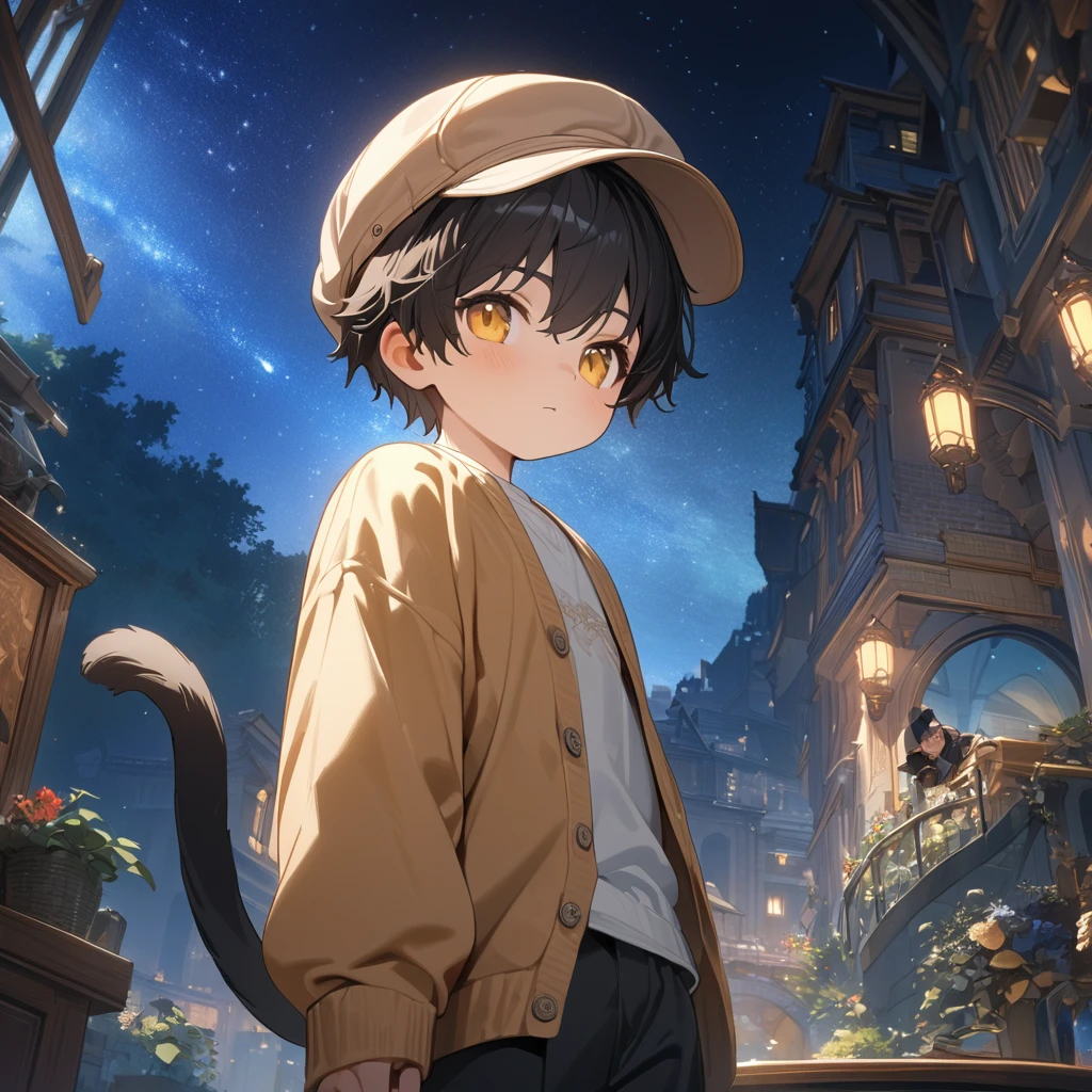 Look at the night sky, golden eyed boy, Newsboy cap, Wear a shirt and pants, Cat tail, Black Short Hair, cardigan, (Highest quality,4K,8k,High resolution,masterpiece:1.2), Extremely detailed representation, Intricate details, Natural light, Fantasy, Cute boy, No ears