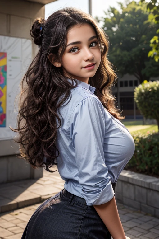 Outdoor image of 13yo  in school school photo in school masterpiece, (photorealistic:1.7), best quality, beautiful lighting, Eleanor Venezuelan girl dark lipstick 13yo Old big Breasts Plus random colour beautiful eyes extremely high Bun long extreme curly hair Lifts 