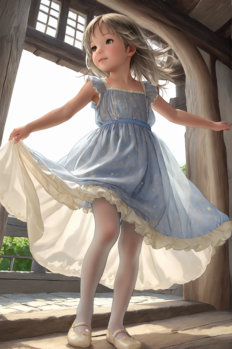 10 year old girl underwear,、Realistic bloomers made from patterned cotton fabric, Medieval one-piece dress with panniers, Fabric Realism, Low - Angle, I see bloomers, Pull up the dress by hand, Strong winds, Translucent slip, Translucent slip, tights, Highest quality, whole body