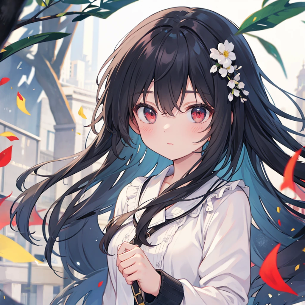 ((best quality)), ((masterpiece)), (detailed), A girl，has black hair，Red eyes。She is facing the camera sideways