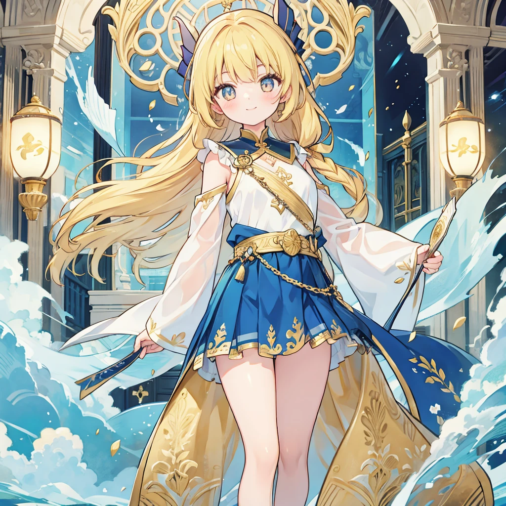 ((best quality)), ((masterpiece)), (detailed), An optimistic girl，Wear a blue skirt with gold trim，有着金色的头发和Golden Eyes，Golden Eyes，blonde，Smile，Stay in a bright, medieval-style house，individual，one person