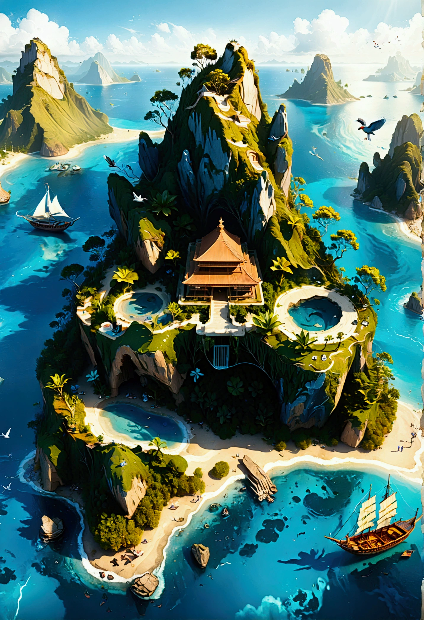 (Bird&#39;s eye view:1.5)，An ancient treasure map，Horizon leading to an exotic island。The island is covered with lush tropical vegetation、Mysterious ancient buildings and a towering mountain。This is an obvious destination for daring explorers。The sky is dotted with birds，There&#39;s a sense of adventure in the air，The boundless blue sea is inhabited by various marine creatures.。A wooden boat with an elegant sail awaits in the nearby bay.，Prepare to start a cross-sea journey。