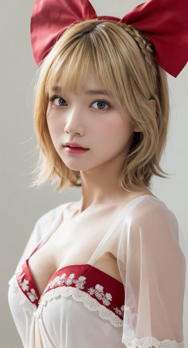 1 girl,Beautifully detailed face:1.3、Face close-up:1.6、The whole face fits in the frame:1.6、((She wears a big red bow in her hair like a French doll..:1.6))、 ((very small flat chest:1.7))、(A sheer camisole with a loose fit around the chest:1.7), ((Look forward:1.6))、Pink Eyeshadow:1.6、((Looking into the camera:1.3))、Very beautiful Japanese idol portraits, 
(RAW Photos, Highest quality), (Realistic, Realistic:1.4), (masterpiece), 
Very delicate and beautiful, Very detailed, 2k wallpaper, wonderful, finely, Very detailed CG Unity 8K 壁紙, Very detailed, High resolution, Soft Light, 
Beautiful detailed girl, Very detailed目と顔, Beautiful and sophisticated nose, Big beautiful eyes, Cinema Lighting, 
(Simple and solid background:1.3),
(Blonde medium hair:1.5), (Parted bangs), 
Complete Anatomy, Slender body,Very small breasts, Sensual look