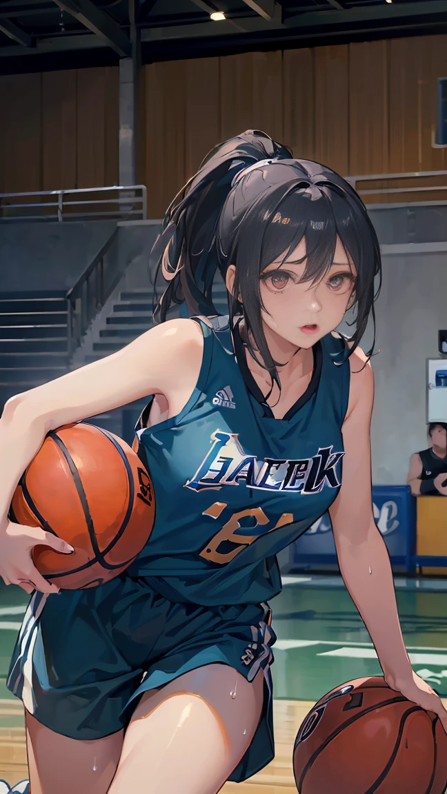 (((Best quality, 8k, Masterpiece: 1.3)), ((best quality)), ((masterpiece)), (detailed), perfect face, detailed face, detailed eyes, (female professional basketball player), ((dribbling)), in a basketball game, shiny sweat, (black hair,) Serious eyes concentrating on the game, Shows the whole body, ponytail