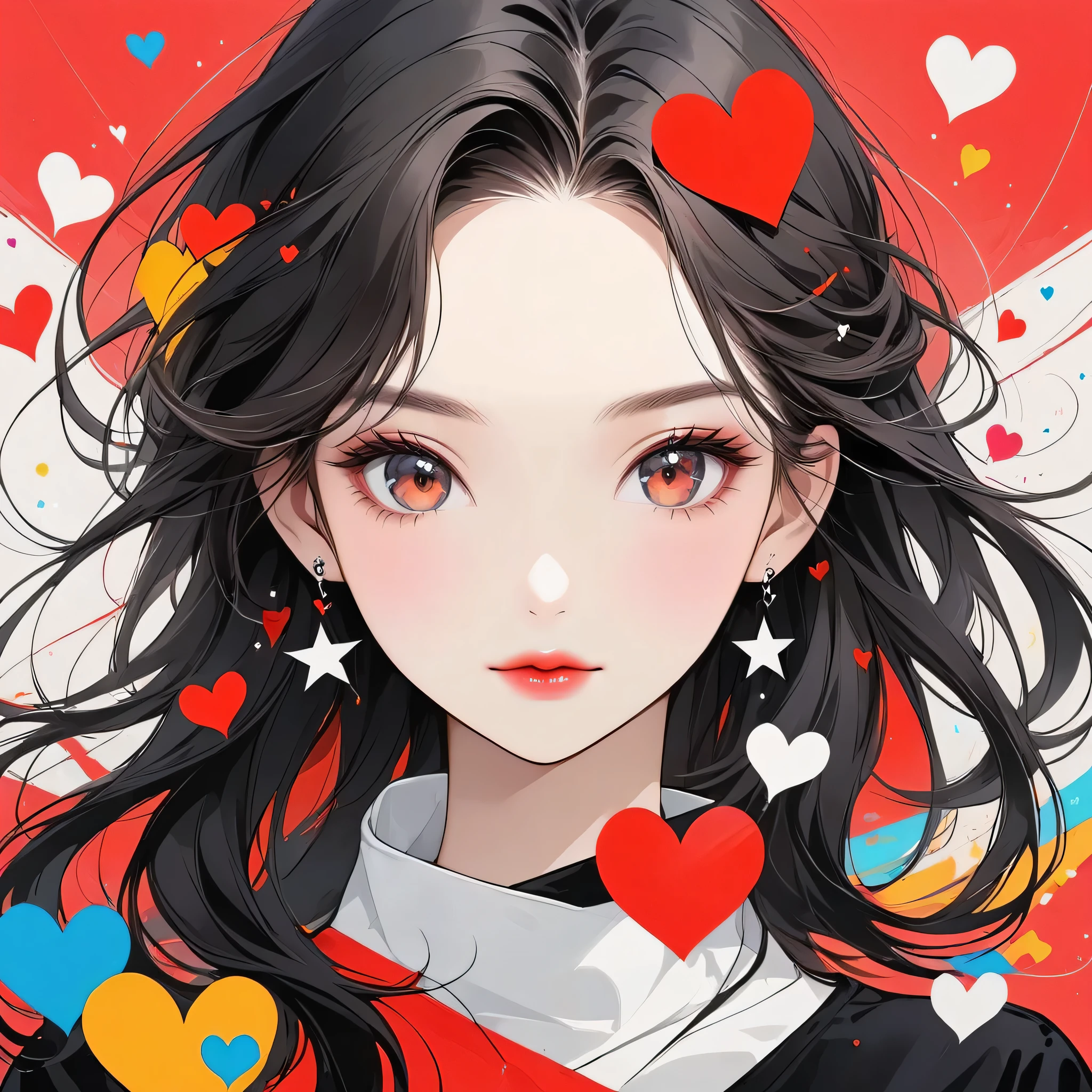 Black Star Red and White style, Simple Line Initialism，Abstract art，Urban Background, (((The most beautiful girl of all time))), Sweet face. Lips in love, colorful hearts, stylish design