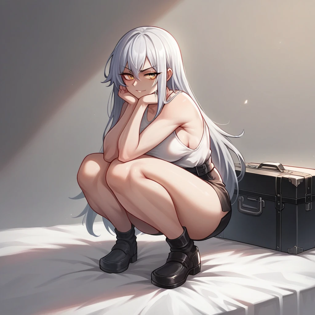 anime girl sitting on a bed with a suitcase in the background, the anime girl is crouching, female protagonist 👀 :8, beautiful anime girl squatting, from girls frontline, seductive anime girl, female anime character, anime. soft lighting, 4k anime wallpaper, guweiz on pixiv artstation, badass anime 8 k, rin