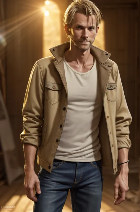 photographic portrait of a 35 year old Lanky Swedish man with medium complexion wearing a Beige Denim Jacket, detailed clothing,...