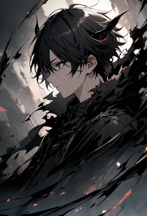 good looking, alone, 1 person, short hair, black hair, black eyes, demon king&#39;s clothes,chopped clothes、 lots of power,sword...