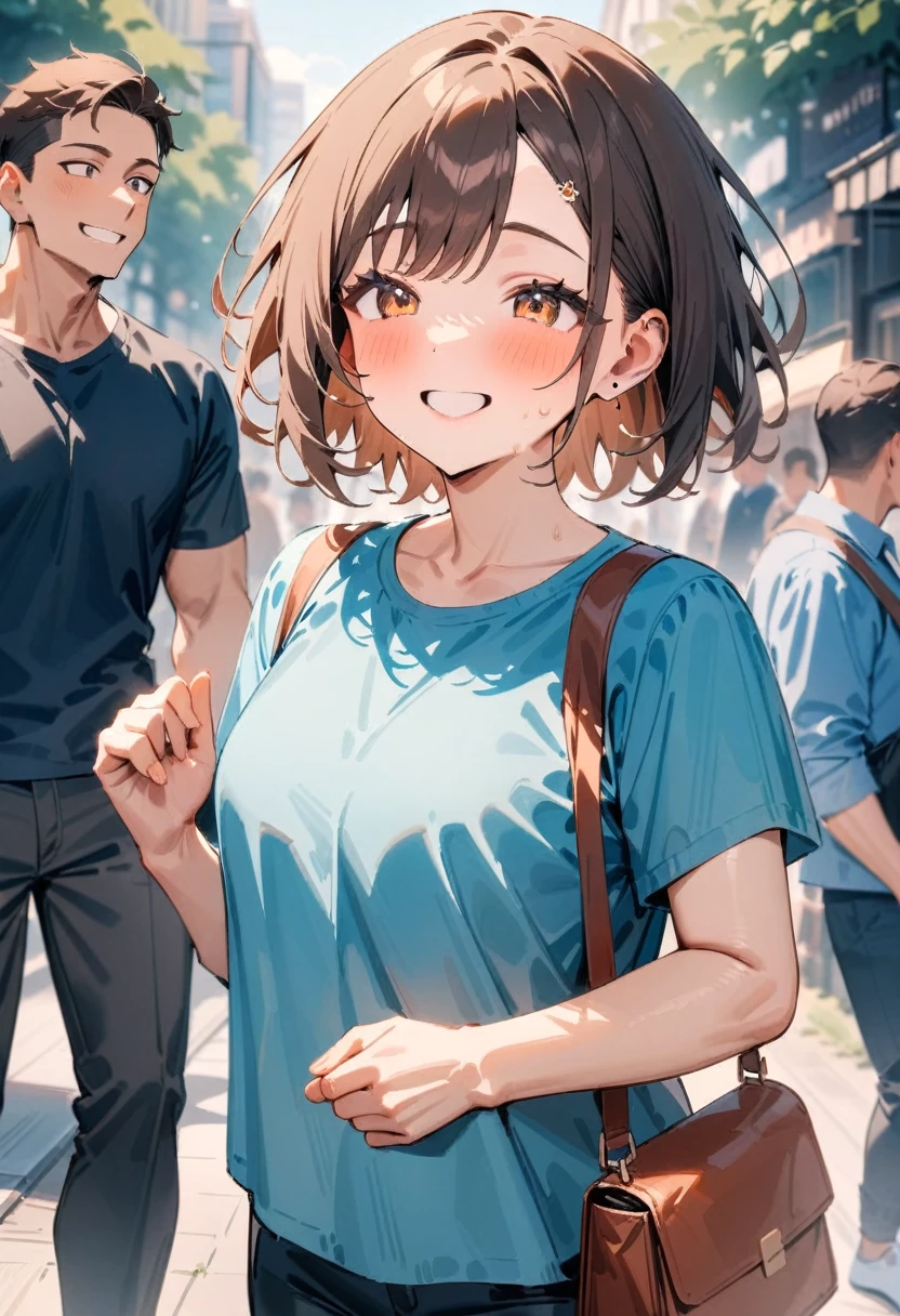 masterpiece, best quality, very aesthetic, absurdres, newest, asymmetrical bangs, tareme, 1girl, smile, short hair, outdoors, brown hair, shirt, 1boy, pants, 2boys, bag, blue shirt, shoulder bag