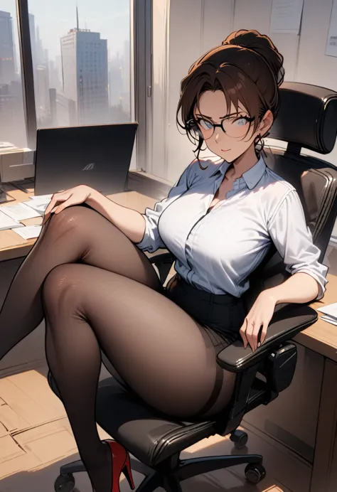 1milf，sit，cross your legs, office chair，looking at the audience, brown hair，glasses，white shirt，black，red high heels，masterpiece...