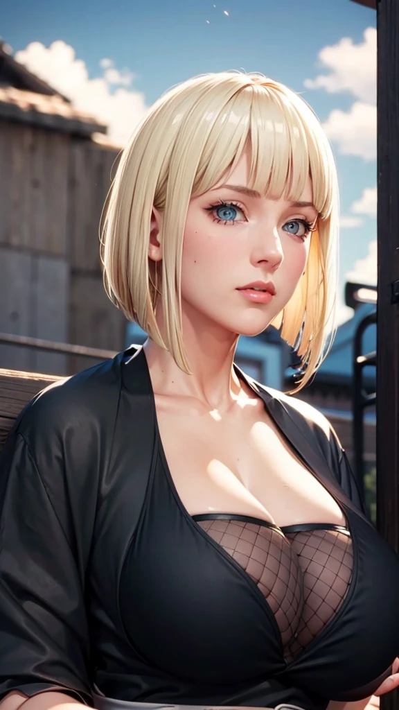 (（（Perfect body,White and tender skin,（（（BLACK KIMONO, CLEAVAGE, VAMBRACES,）））,（（（Samui, Blue eyes, blonde hair, short hair, bangs, blunt bangs,）））,((masterpiece)),high resolution, ((Best quality at best)),masterpiece,quality,Best quality,（（（ Exquisite facial features,Looking at the audience,There is light in the eyes,blush,Happy,lol）））,Look up at the sky，Raise a hand，From below）））,（（（Light and shadow,Huge breasts）））,（（（Looking at the camera,black background,)））),