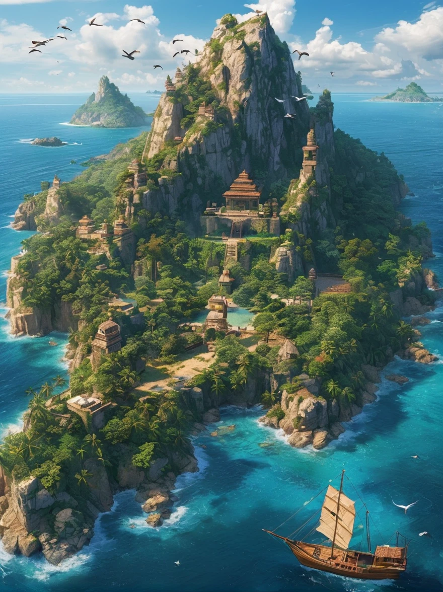 (Bird&#39;s eye view:1.5)，An ancient treasure map，Horizon leading to an exotic island。The island is covered with lush tropical vegetation、Mysterious ancient buildings and a towering mountain。This is an obvious destination for daring explorers。The sky is dotted with birds，There&#39;s a sense of adventure in the air，The boundless blue sea is inhabited by various marine creatures.。A wooden boat with an elegant sail awaits in the nearby bay.，Prepare to start a cross-sea journey。