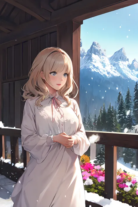 a beautiful woman with light hair, flowers, snow-capped mountains, summer