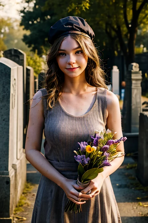 Young beautiful girl, Emma Myers, American, SOFT SMILING FACE, HAVE A BROWN HAIR, wears a old work cap, wears old-fashioned clothes, 19th century, poverty-stricken clothes, old torn clothes, 19th century period clothing, holding a bouquet, standing before her grandparents' tombstones, cemetery background, dark cities background, night time, midnight background.