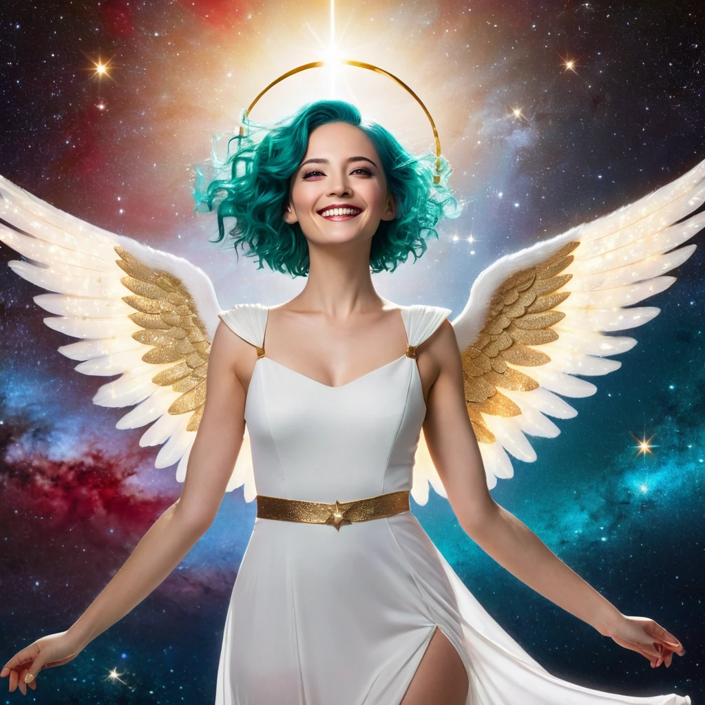 a woman, teal hair, red eyes, smile, angel wings, golden halo, white dress, standing upright, in outer space, Milky Way in the background, stars in the distance, upper body