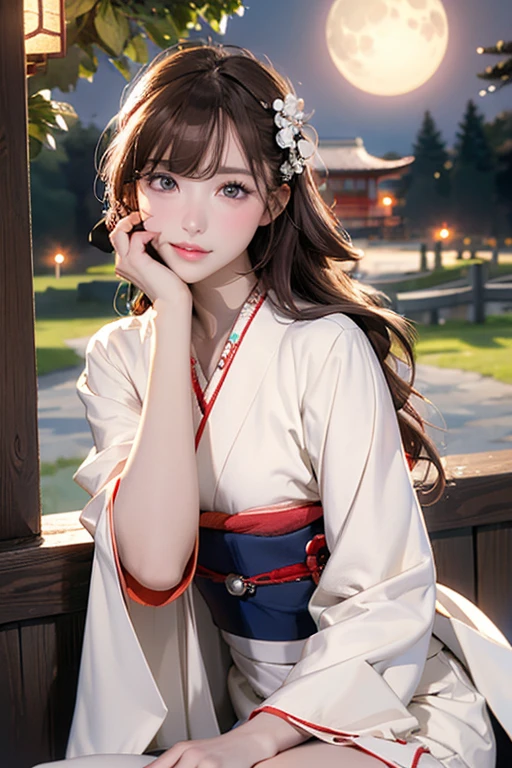 (Official Art、Highest quality、Unity 8k wallpaper、masterpiece、Ultra-high resolution)、Slender、Ample breasts、Highly detailed background、Beautiful girl in yukata、(Highly detailed face and eyes、Beautiful Face、Beautiful Eyes、Beautiful nose、Pretty lips)、Japanese garden、Cowboy Shot、Sitting on the porch、moon明かり、moon、Autumn scenery、