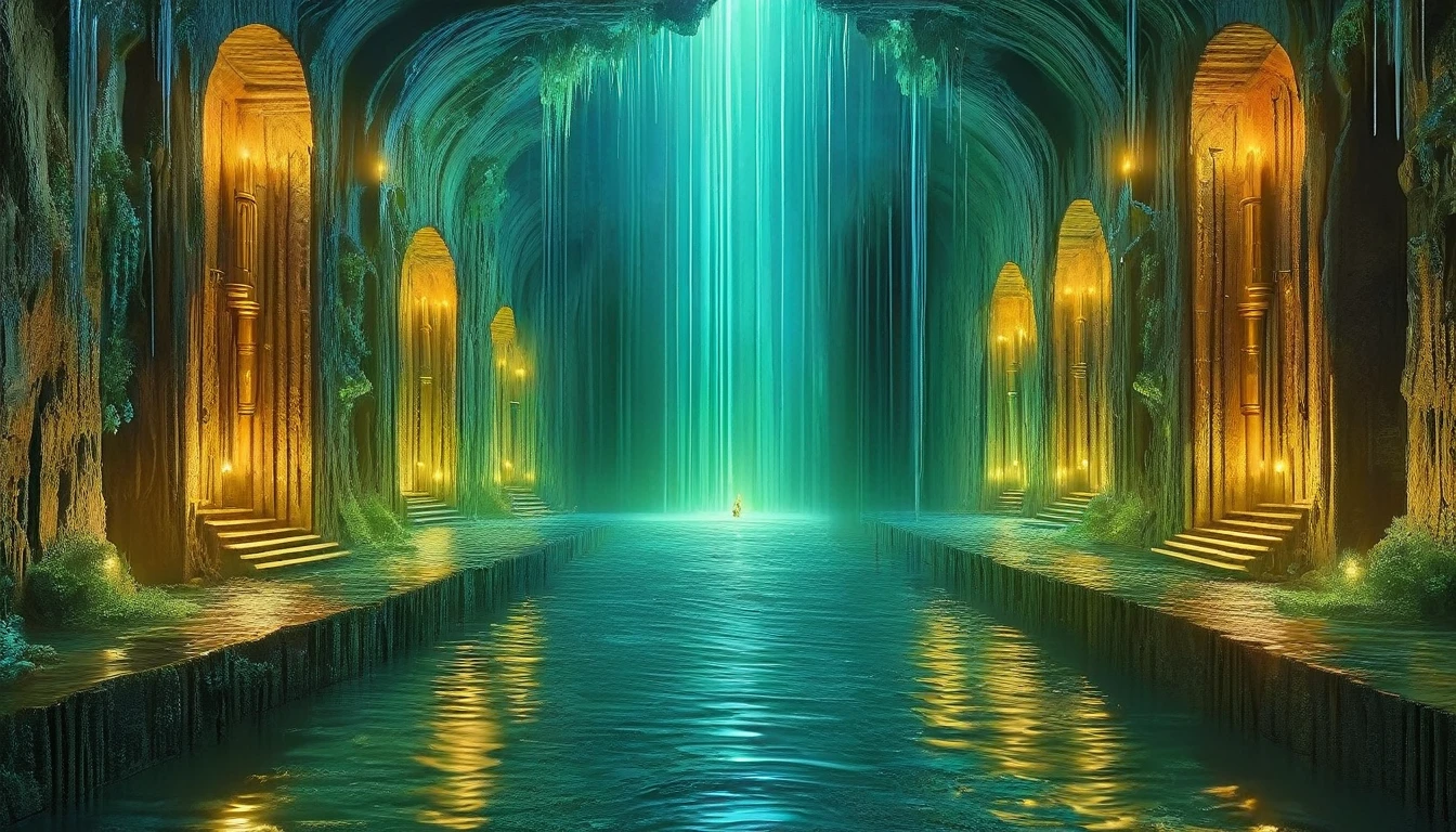 (Masterpiece, acrylic painting: 1.8). In the depths of an ancient underground river lies a gateway to a fabled treasure concealed within a Pandora's Box, The subterranean waters weave through the labyrinthine passages, shrouded in mystery and guarded by the whispers of forgotten civilizations., masterpiece, super detail, highres, 16k