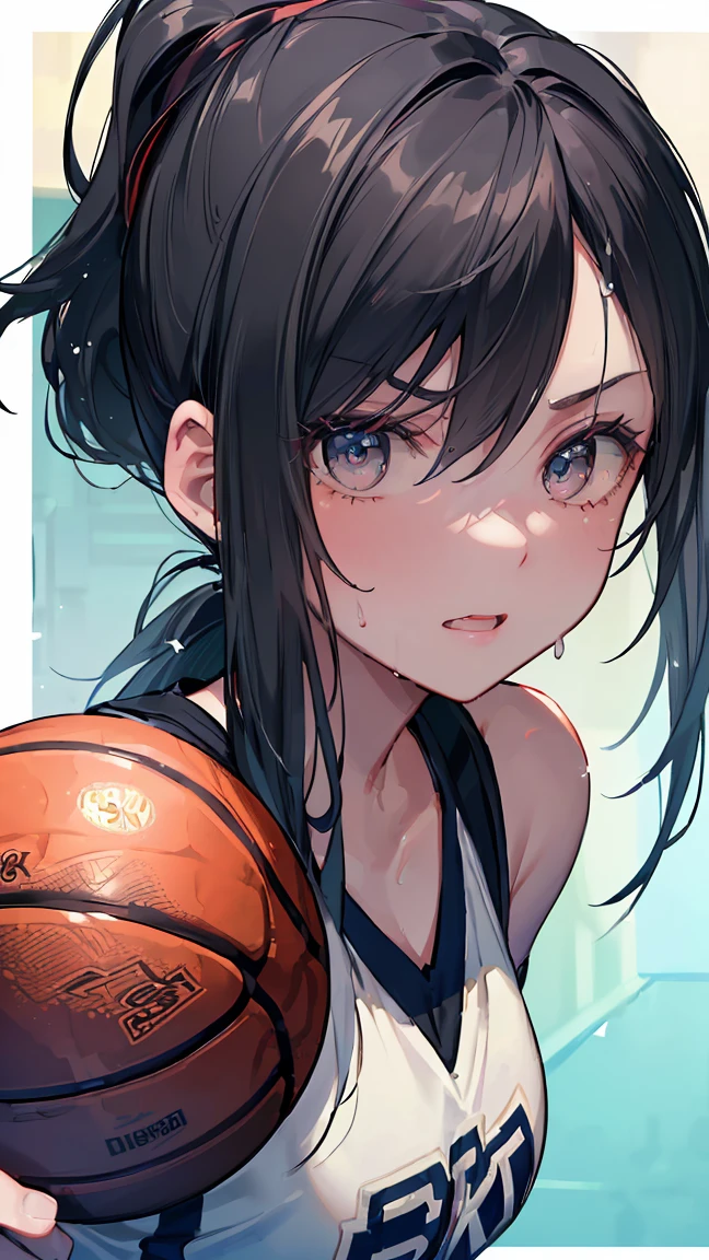 (((Best quality, 8k, Masterpiece: 1.3)), ((best quality)), ((masterpiece)), (detailed), perfect face, detailed face, detailed eyes, (female professional basketball player), ((dribbling)), in a basketball game, shiny sweat, (black hair,) Serious eyes concentrating on the game, Shows the whole body, ponytail