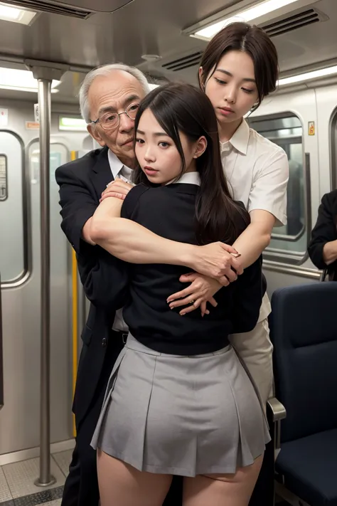 nsfw viewer discretion advised, crowded train, japan , handsome man hugging his girlfriend from behind, speak in her ear, lift h...