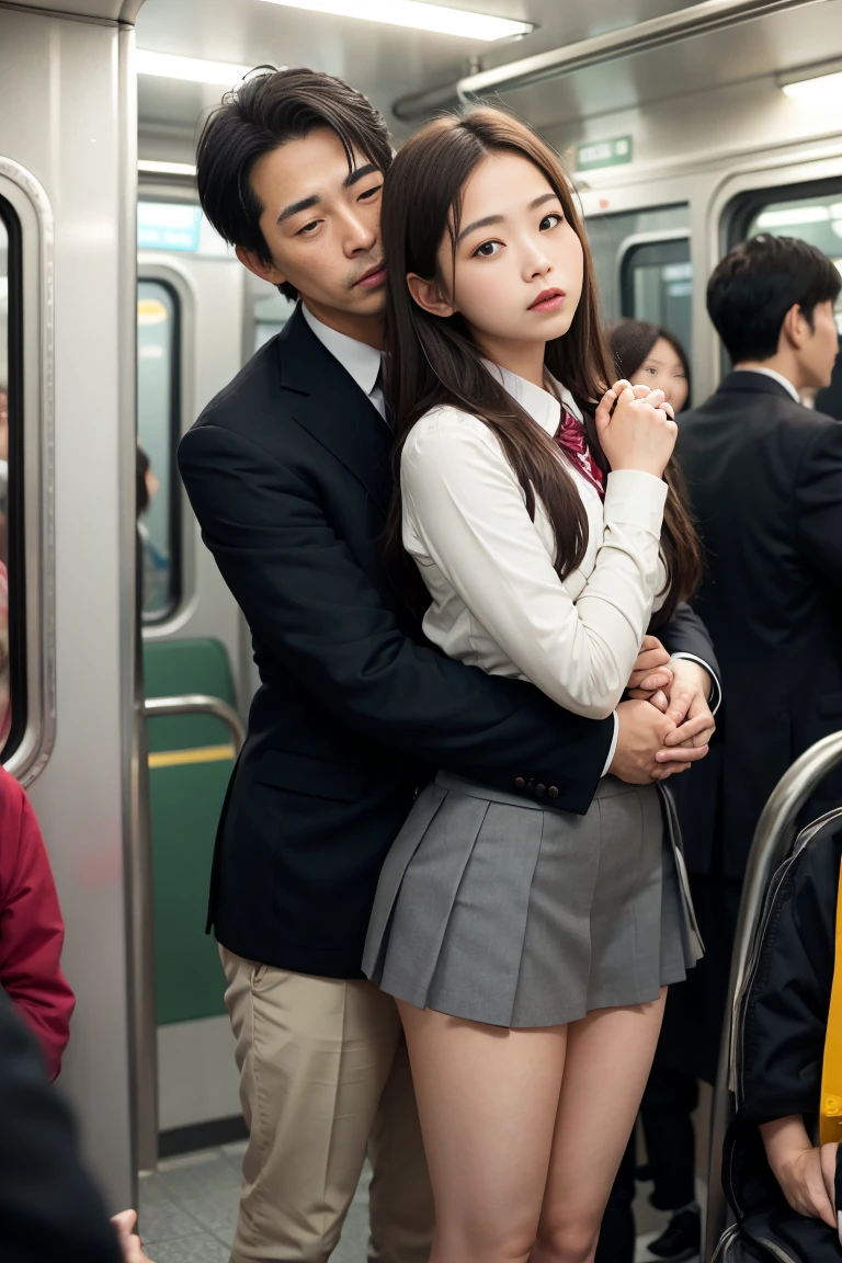 NSFW Viewer discretion advised, Crowded train, Japan , Handsome man hugging his girlfriend from behind, speak in her ear, Lift her up, Miniskirt twisted up, 40k, photograph, masterpiece, Highest quality, Dark Gray Background, 16 years old　((Japan girls' high school uniform)), An elderly man is leaning on her from behind、i held you up, Mr..々Strike a Pose.Having your butt touched by hand