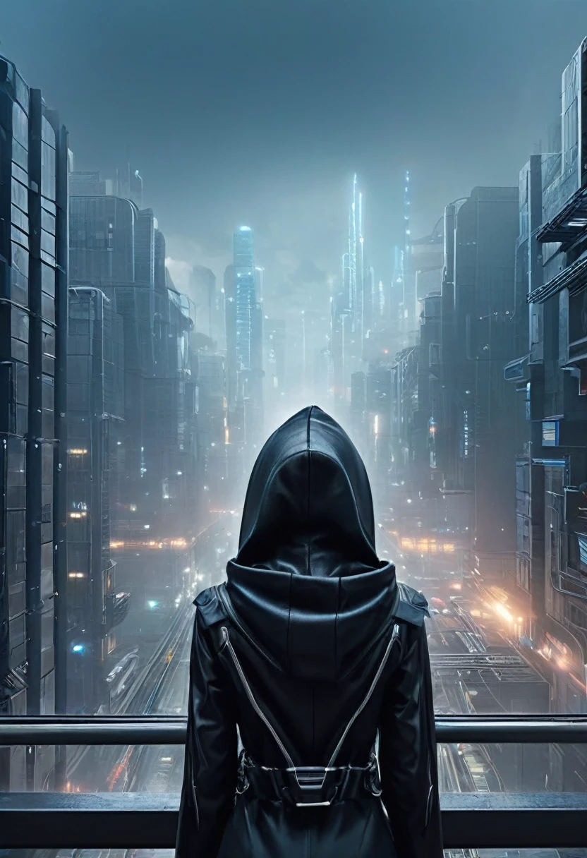 From the balcony of a futuristic building、Over-the-shoulder shot of a hooded girl with her back turned。, She is looking at an aerial photo of a futuristic North American metropolis, View of an entire city with many dark colored metal buildings and houses ranging from deep blue to black, The city has a metallic grey hue, With a smoky metal structure , Smoky and foggy industrial environments, Dark car on the street, Desert metropolis, Modern metal rails and train passing through city streets, Futuristic high rise metal building, There are many ultra-modern buildings in the area., , Be as realistic as possible, As detailed as possible, sf
