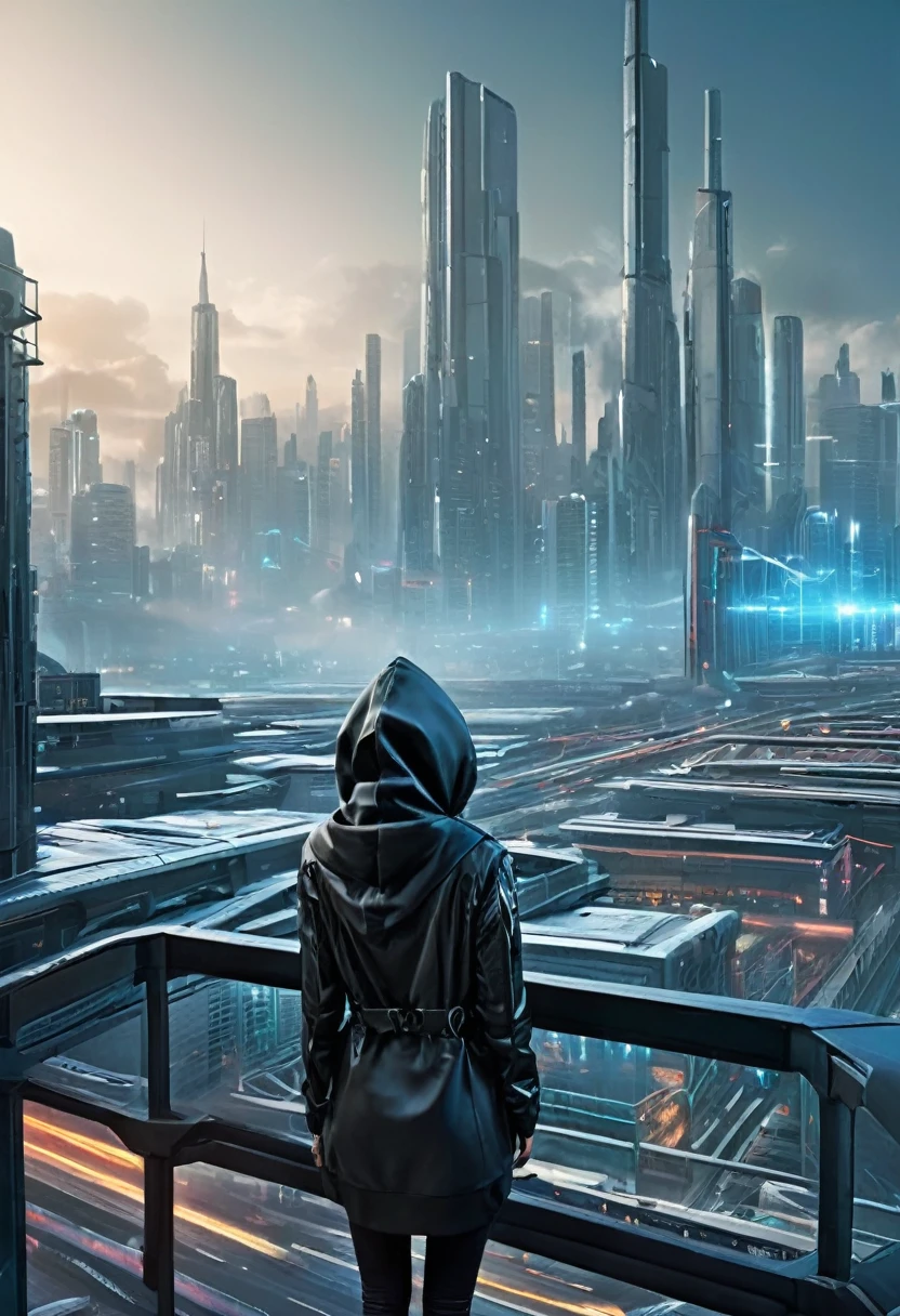 From the balcony of a futuristic building、Over-the-shoulder shot of a hooded girl with her back turned。, She is looking at an aerial photo of a futuristic North American metropolis, View of an entire city with many dark colored metal buildings and houses ranging from deep blue to black, The city has a metallic grey hue, With a smoky metal structure , Smoky and foggy industrial environments, Dark car on the street, Desert metropolis, Modern metal rails and train passing through city streets, Futuristic high rise metal building, There are many ultra-modern buildings in the area., , Be as realistic as possible, As detailed as possible, sf
