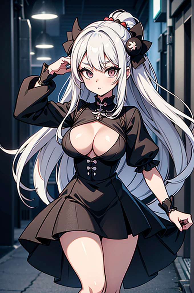 Anime-style image of a woman with white hair and black clothing, Cute 3D anime girl render, Cute anime waifu in a nice dress, Anime VTuber Full Body Model, Anime girl in a black dress, Gothic Maiden Anime Girl, Highly detailed characters, Official character art,Onmyoji,Big Tits,cream puff