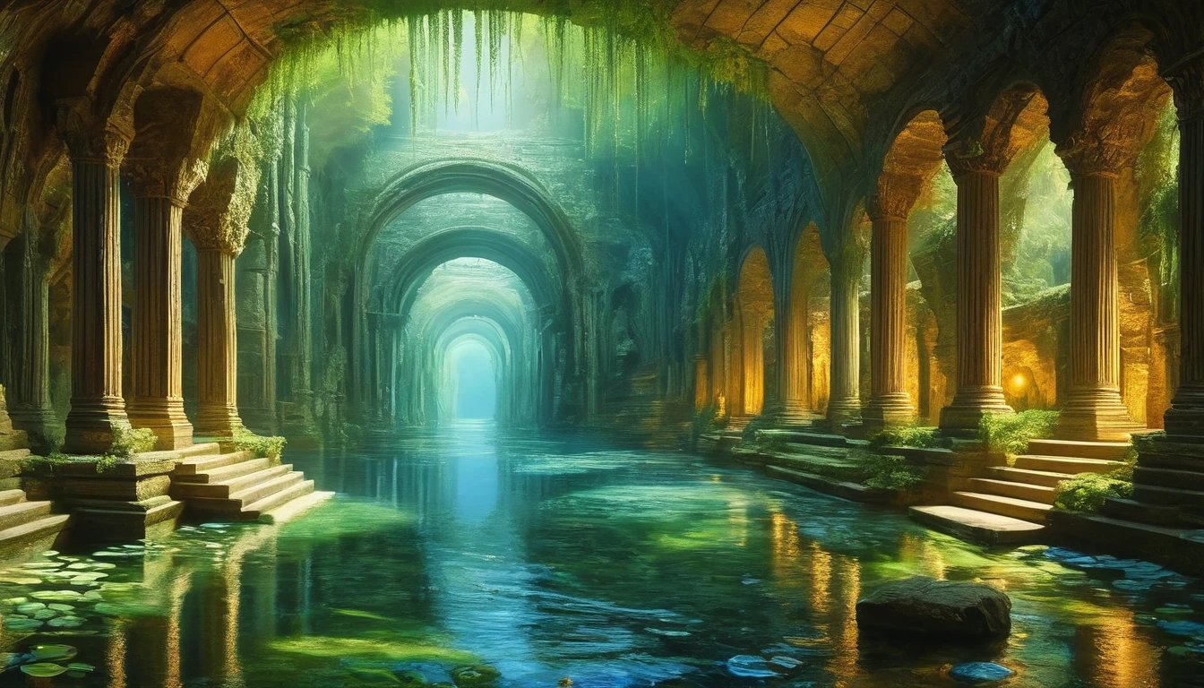 (Masterpiece, acrylic painting: 1.8). In the depths of an ancient underground river lies a gateway to a fabled treasure concealed within a Pandora's Box, The subterranean waters weave through the labyrinthine passages, shrouded in mystery and guarded by the whispers of forgotten civilizations., masterpiece, super detail, highres, 16k