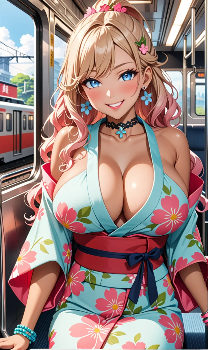 ultra-detailed, ((one girl)),  (tan skin:1.4), in pastel colors gyaru, (heavy makeup), (professional lighting) hyper detailed, absurdres, 8k, Beautiful Face, (Laugh shyly), ((teasing smile:1.6)), ((happy smile:1.5)),  ((Wink:1.6)), (Laugh with your mouth wide open),((Tilt your face:1.6)), View your viewers, ((Bright red cheeks:1.6)), Glossy shocking pink lips, ((huge breasts:1.6)),  ((undressing:1.2)), (Lifting her clothes and showing her nipples), ((Her tattoo peeked through her kimono)), noon, summer, on the train, Anime style background)),masterpiece, Highest quality, (Brighten your face), so beautiful,Latest, Complex details, ((fluorescent pink long nail:1.2)), (ring),((bracelet)), ((Floral choker)),AI-generated, Complex,High resolution, Highest quality, super high quality,3D Images、3D Images,One person, Blonde long hair ,(High Ponytail), (wavy hair:1.4), Anime woman posing for a photo, ((Fine grain、blue eyes、glowing eyes:1.3)), (Squint your eyes:1.1),a hyperRealistic , hyperRealistic , Realistic,Long blonde anime woman, Smooth anime CG art, A girl in a gorgeous pastel-colored kimono, ((Pastel-colored furisode)),(Pink large floral pattern),  (sideboob), Long flower hair ornament,Big earrings, Mature Body, tall,Narrow waist, (portrait),  (Sit in your seat), 