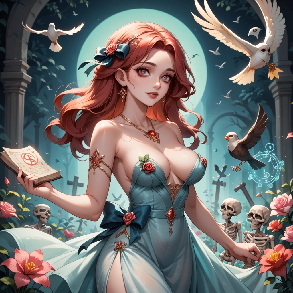 topless zombie girl, long bloody hair, seductive eyes, mysterious expression, mature appearance, charming sheer dress, flowing short dress, elegant jewelry, intricate decoration, magic symbols, glowing accessories, potions, scrolls, cute accents, bows, ribbons, flowers, birds, skeleton