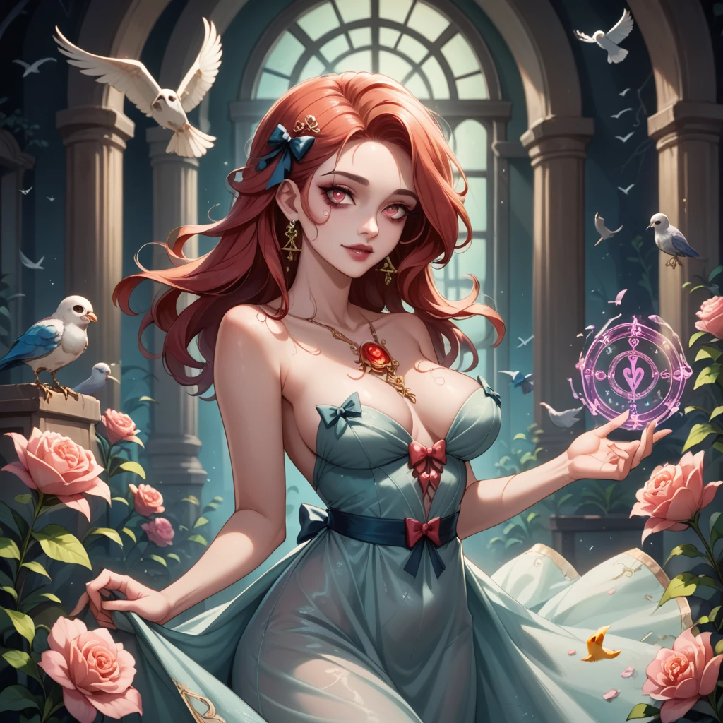 topless zombie girl, long bloody hair, seductive eyes, mysterious expression, mature appearance, charming sheer dress, flowing short dress, elegant jewelry, intricate decoration, magic symbols, glowing accessories, potions, scrolls, cute accents, bows, ribbons, flowers, birds, skeleton