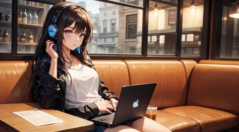 girl with headphones enjoying music in a cafe　i am studying　emphasize a little bit of the chest