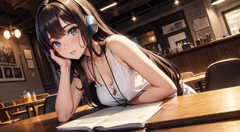 girl with headphones enjoying music in a cafe　i am studying　emphasize a little bit of the chest