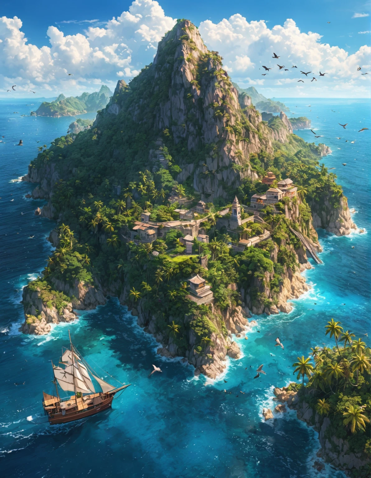 (Bird&#39;s eye view:1.5)，An ancient treasure map，Horizon leading to an exotic island。The island is covered with lush tropical vegetation、Mysterious ancient buildings and a towering mountain。This is an obvious destination for daring explorers。The sky is dotted with birds，There&#39;s a sense of adventure in the air，The boundless blue sea is inhabited by various marine creatures.。A wooden boat with an elegant sail awaits in the nearby bay.，Prepare to start a cross-sea journey。