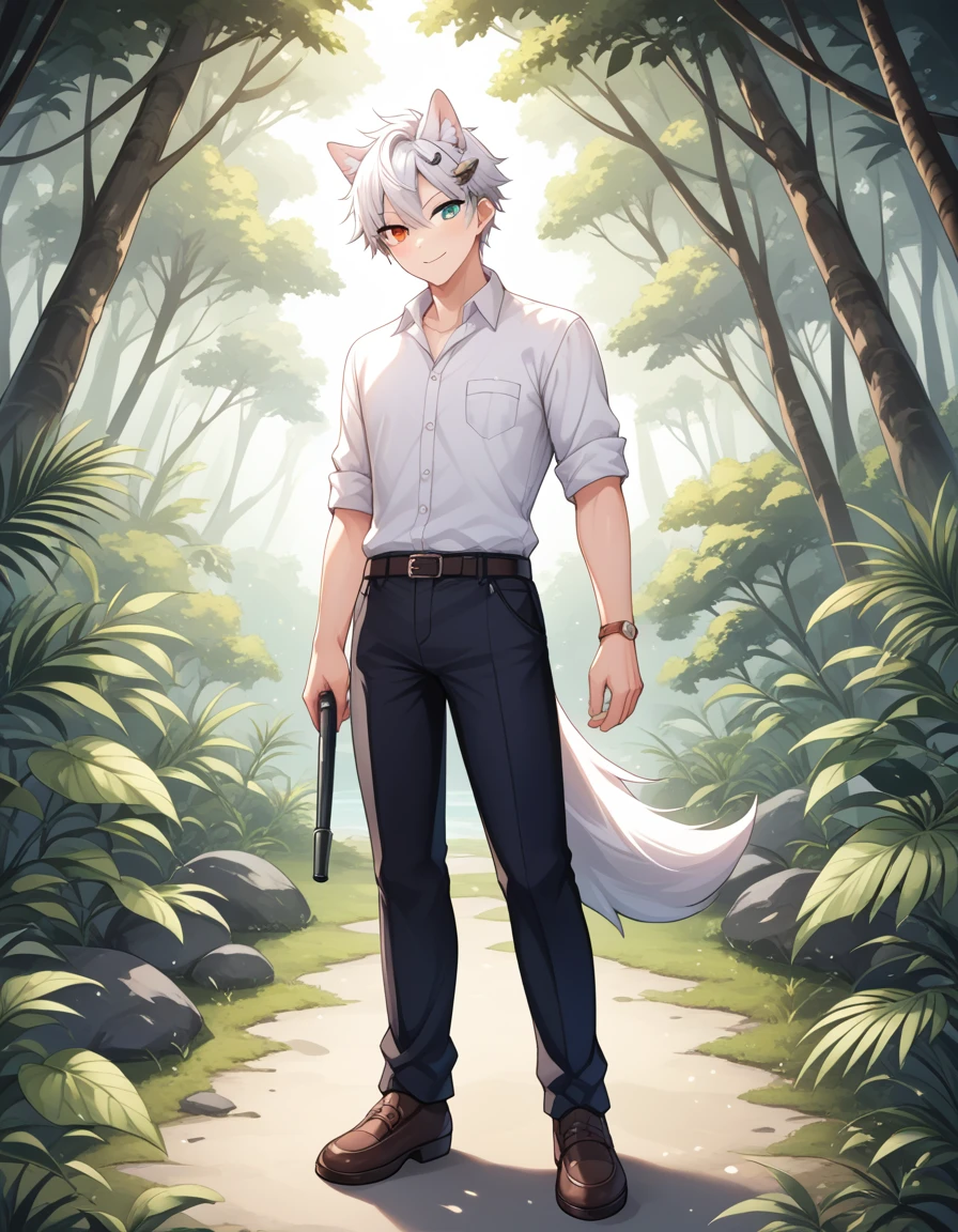 Fraction_9, Fraction_8_up, Fraction_7_Direction_6_up, src_毛茸茸of, Fraction_of, pushrod, Wolf, 独自of, 1 Boy, , SFW, 毛茸茸of, White body, Hairpin, Tail, 可爱of, 短of, Heterochromia, Cartoon, Flat Color, 简单of阴影, Full body portrait,Jungle Background, 模糊of背景,