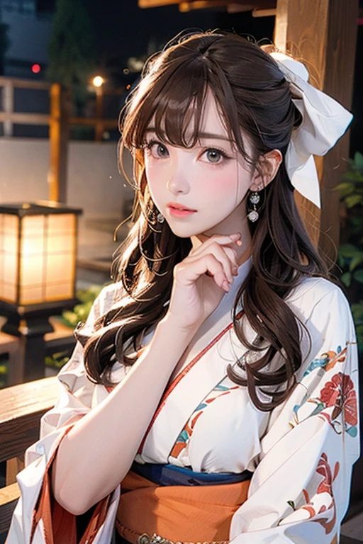 (Official Art、Highest quality、Unity 8k wallpaper、masterpiece、Ultra-high resolution)、Slender、Ample breasts、Highly detailed background、Beautiful girl in yukata、(Highly detailed face and eyes、Beautiful Face、Beautiful Eyes、Beautiful nose、Pretty lips)、Intimate Relationships、A friendly gaze、Japanese garden、Cowboy Shot、Sitting on the porch、moonlight、Autumn scenery、