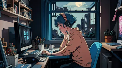 2d illustration, anime, manga style ,lofistudy,lofi , one girl, from the side, typing, blue head, blue eyes, chair, computer, he...