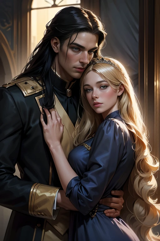 High-quality image of a couple: a blond men (tall, statuesque, handsome, courageous young man with blue eyes, curly golden hair, dressed in a gray antique military uniform) he hugs a woman with a black hair (a fantastically beautiful young femme fatale with long straight black hair, long bangs, she has blackberry eyes, she is a princess, on she has a romantic dress and a tiara). They are in love with each other. The sketches of the "Ideal Anatomy" made by Boris Vallejo are characterized by a high degree of detail. Masterpiece, detailed study of the face, beautiful face, beautiful facial features, perfect image, realistic shots, detailed study of faces, full-length image, 8k, detailed image, extremely detailed illustration, a real masterpiece of the highest quality, with careful drawing.