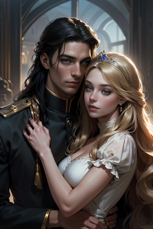 High-quality image of a couple: a blond men (tall, statuesque, handsome, courageous young man with blue eyes, curly golden hair, dressed in a gray antique military uniform) he hugs a woman with a black hair (a fantastically beautiful young femme fatale with long straight black hair, long bangs, she has blackberry eyes, she is a princess, on she has a romantic dress and a tiara). They are in love with each other. The sketches of the "Ideal Anatomy" made by Boris Vallejo are characterized by a high degree of detail. Masterpiece, detailed study of the face, beautiful face, beautiful facial features, perfect image, realistic shots, detailed study of faces, full-length image, 8k, detailed image, extremely detailed illustration, a real masterpiece of the highest quality, with careful drawing.