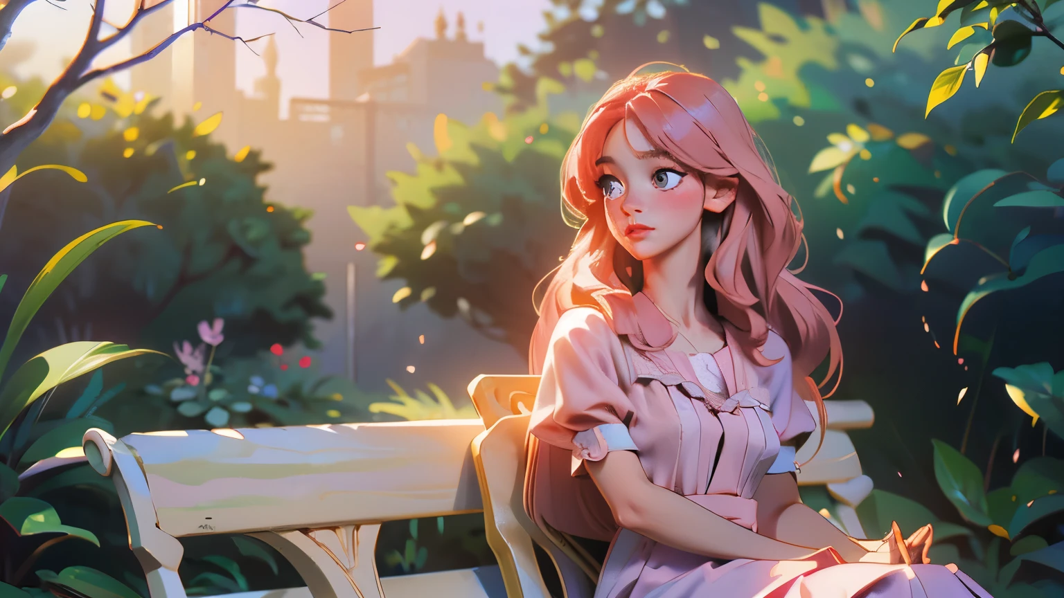 full body view, a beautiful girl with long flowing hair, detailed facial features, delicate skin, wearing a light pink dress, sitting on a bench in a lush garden, using her phone, sunlight filtering through the leaves creating a soft, dreamy atmosphere, warm color tones, (best quality,4k,8k,highres,masterpiece:1.2),ultra-detailed,(realistic,photorealistic,photo-realistic:1.37),detailed eyes,detailed lips,detailed face,longeyelashes,portrait,natural lighting,warm color palette,soft focus,natural environment