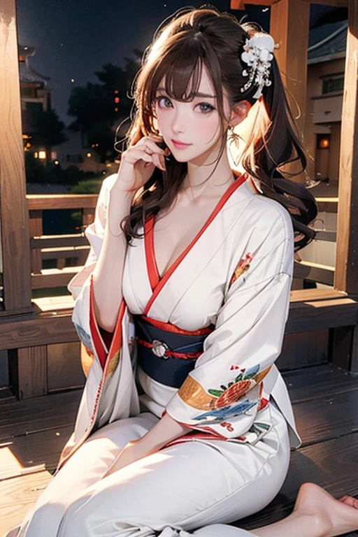 (Official Art、Highest quality、Unity 8k wallpaper、masterpiece、Ultra-high resolution)、Slender、Ample breasts、Highly detailed background、Beautiful girl in yukata、(Highly detailed face and eyes、Beautiful Face、Beautiful Eyes、Beautiful nose、Pretty lips)、Intimate Relationships、A friendly gaze、Japanese garden、Cowboy Shot、Sitting on the porch、moonlight、Autumn scenery、