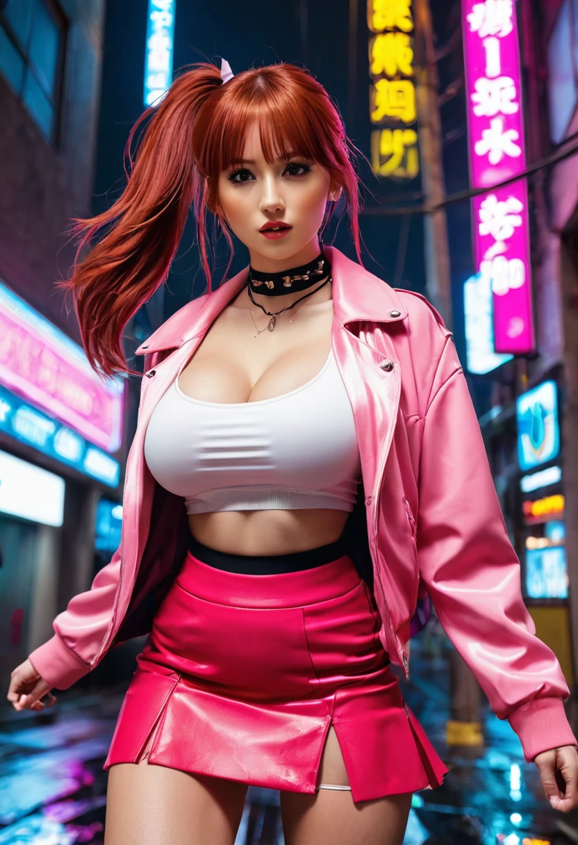 score_9, score_8_up, score_7_up,score_6_up, score_5_up, score_4_up , 1girl, solo, large breasts, shermieDG, split ponytail, long hair, bangs, hair over eyes,red hair, miniskirt, jacket, pink jacket, choker,cropped jacket, city, night, neon lights, rain, from below, fighting stance, electricity,
