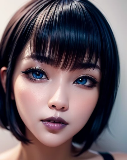 seulement le visage, selfie, fond d&#39;écran, Full HD,  visage magnifique et détaillé avec des lèvres noires et un sourire sensuel volumineux, yeux bleus, peau blanche, eye-liner noir et cheveux courts coupés au carré avec une frange 