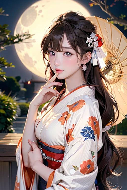 (Official Art、Highest quality、Unity 8k wallpaper、masterpiece、Ultra-high resolution)、Slender、Ample breasts、Highly detailed background、Beautiful girl in yukata、(Highly detailed face and eyes、Beautiful Face、Beautiful Eyes、Beautiful nose、Pretty lips)、Intimate Relationships、A friendly gaze、Japanese garden、Cowboy Shot、moonlight、Autumn scenery、