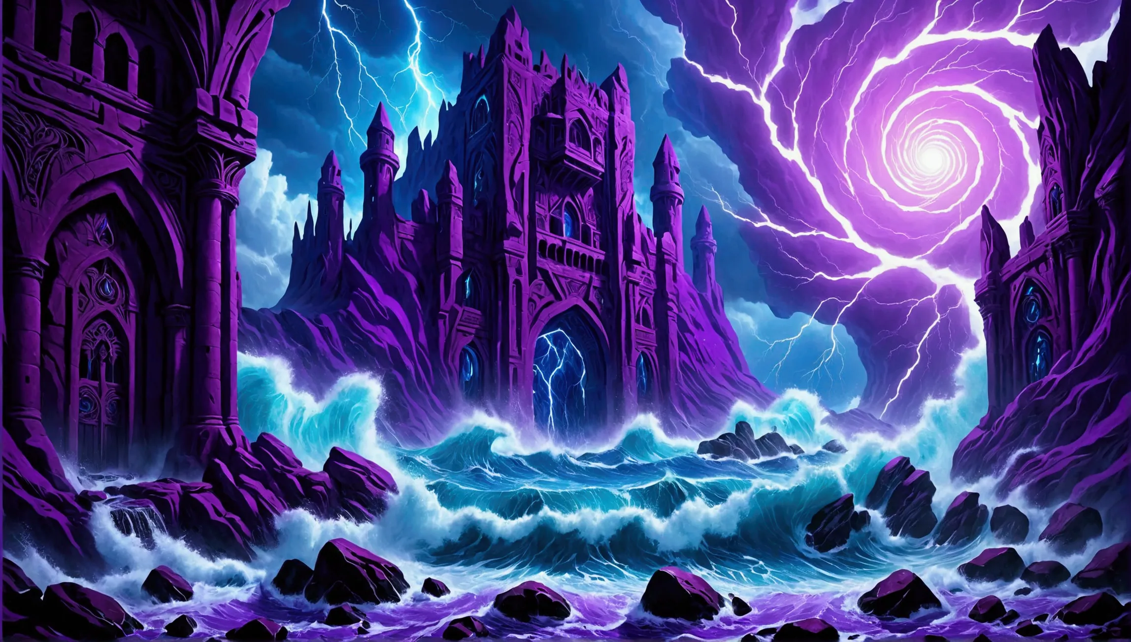 (Mysterious eerie citadel with intricate architecture:1.2) on rocks of tropical island))), crushing waves, purple-blue (otherwor...