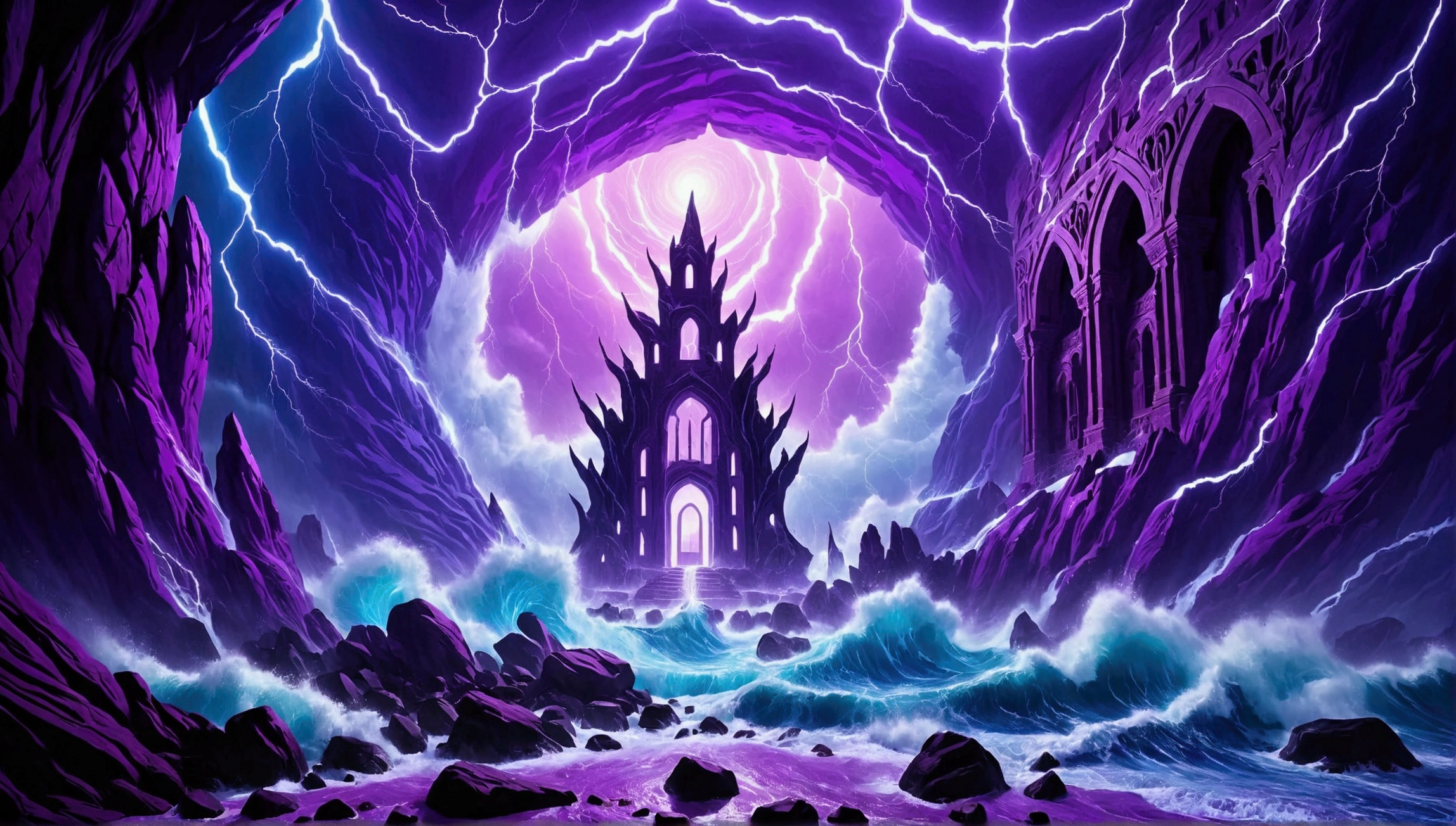 (Mysterious eerie citadel with intricate architecture:1.2) on rocks of tropical island))), crushing waves, purple-blue (otherworldly:1.2) thunderstorm (with sky portal:1.2), masterpiece in maximum 16K resolution, best quality, ultra detailed, aesthetics, absurdes.
