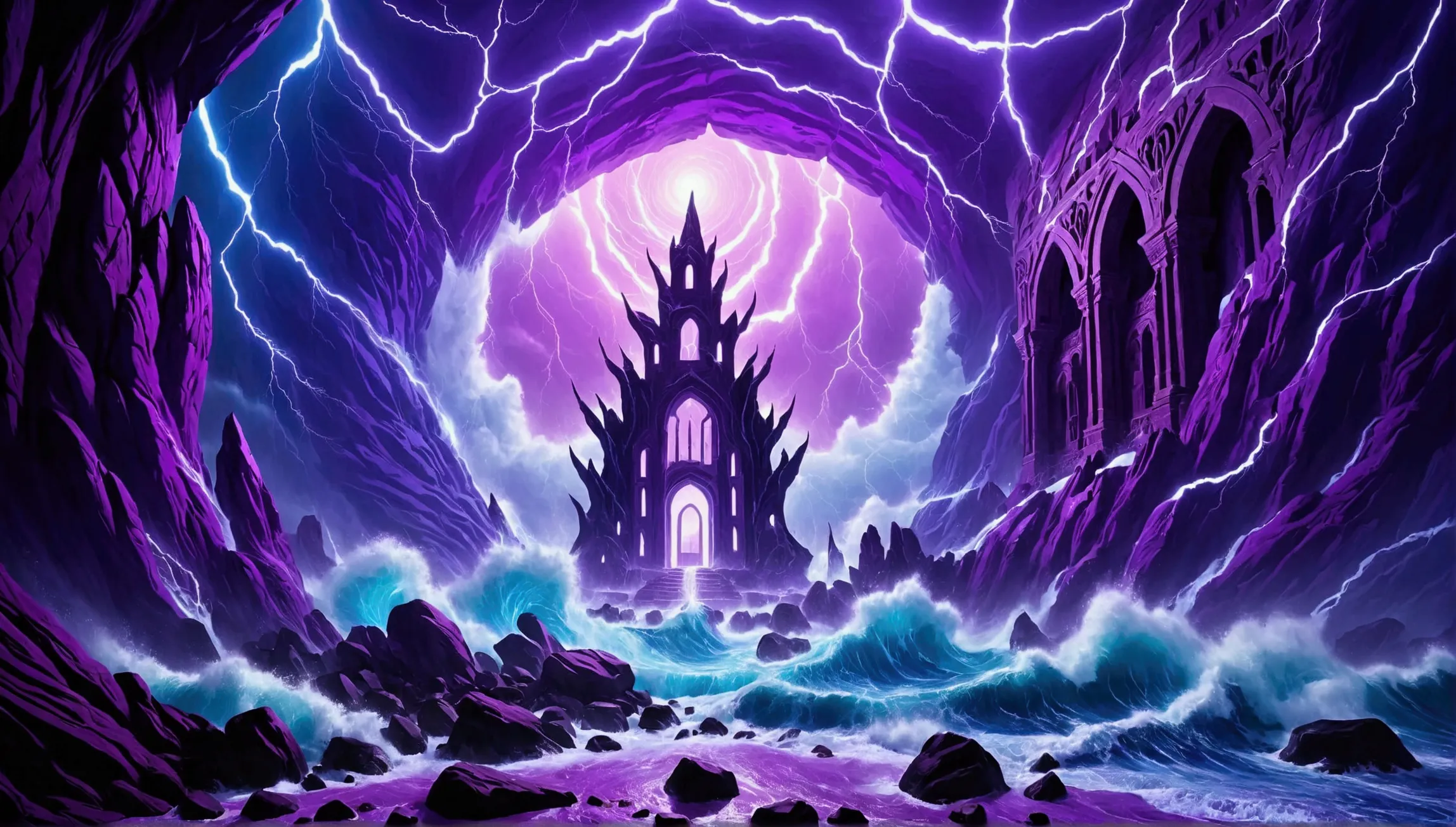 (Mysterious eerie citadel with intricate architecture:1.2) on rocks of tropical island))), crushing waves, purple-blue (otherwor...