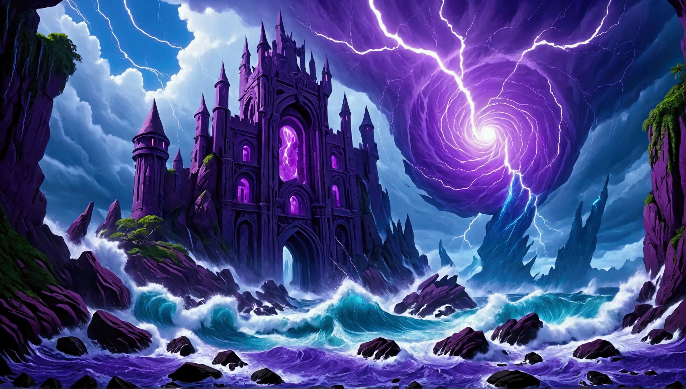 (Mysterious eerie citadel with intricate architecture:1.2) on rocks of tropical island))), crushing waves, purple-blue (otherworldly:1.2) thunderstorm (with sky portal:1.2), masterpiece in maximum 16K resolution, best quality, ultra detailed, aesthetics, absurdes.
